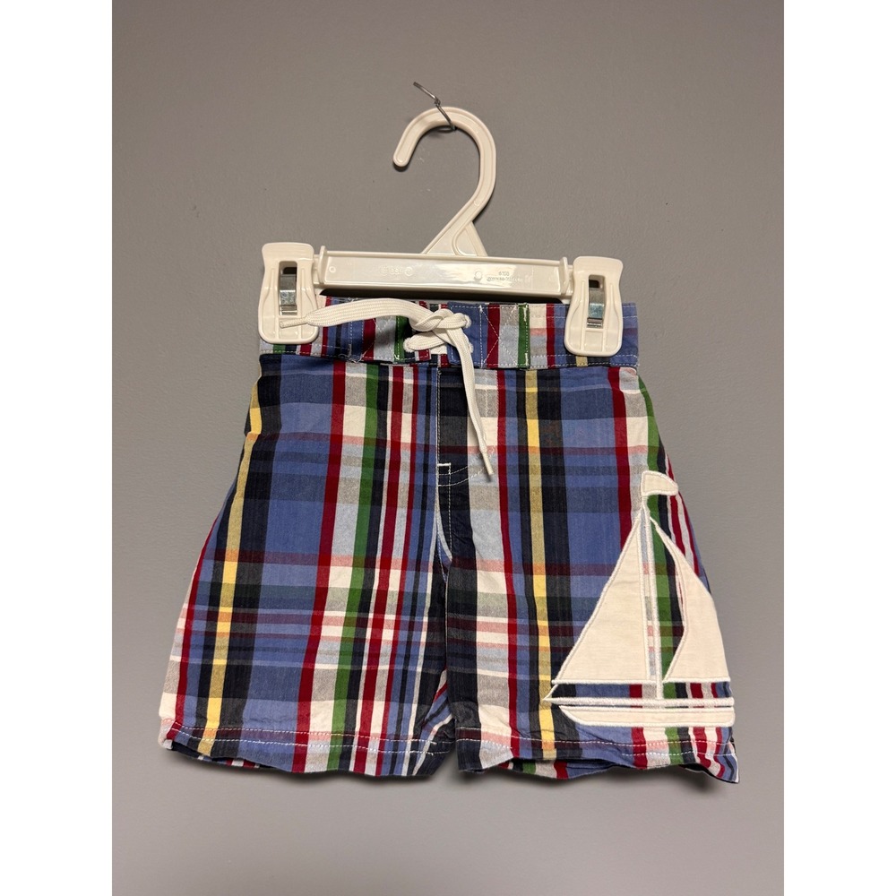 Janie and Jack Baby Blue Plaid Boy Embroidered Sailboat‎ Swim Trunks 6-12 Months